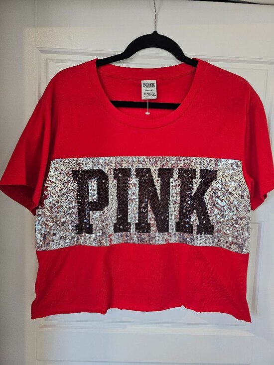 PINK Victoria's Secret Tops - Victoria Secret PINK. A red crop top black and silver sequins size L